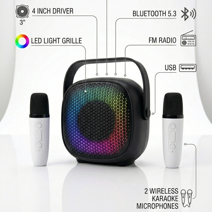 potente mini bocina karaoke con 2 micrófonos