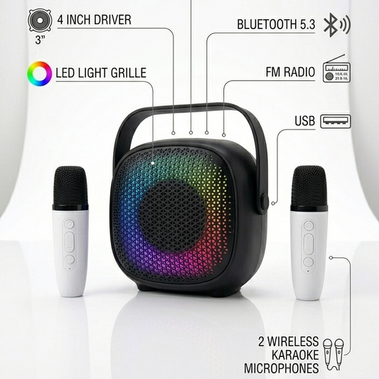 potente mini bocina karaoke con 2 micrófonos