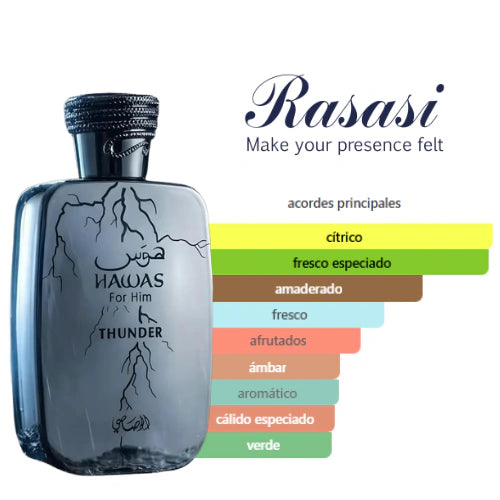 Hawas Thunder Rasasi 100ml EDP | Perfume Especiado Jengibre Hombre